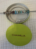 Chamilia silver bangle bracelet with Chamilia glass and silver charms. Mint! Charms