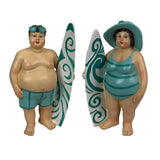 Surfing Beach Couple Figurine Set Aqua Resin Coastal Decor 5.75 In Model