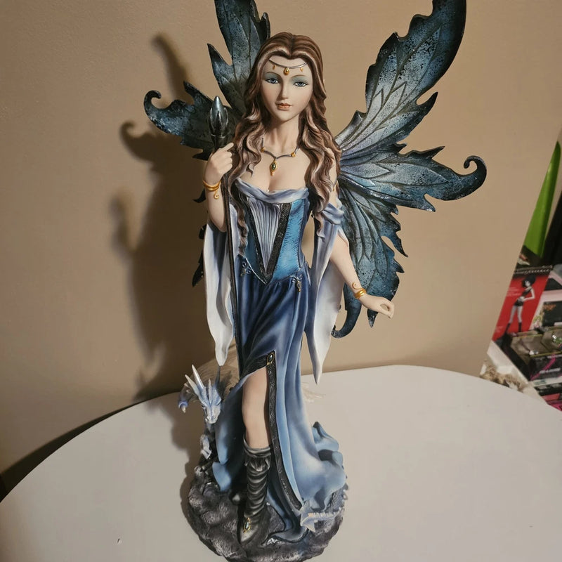 Fantasy Fairy Woman Figurine with Blue Dragon Blue Dress Painted Resin Statue Model