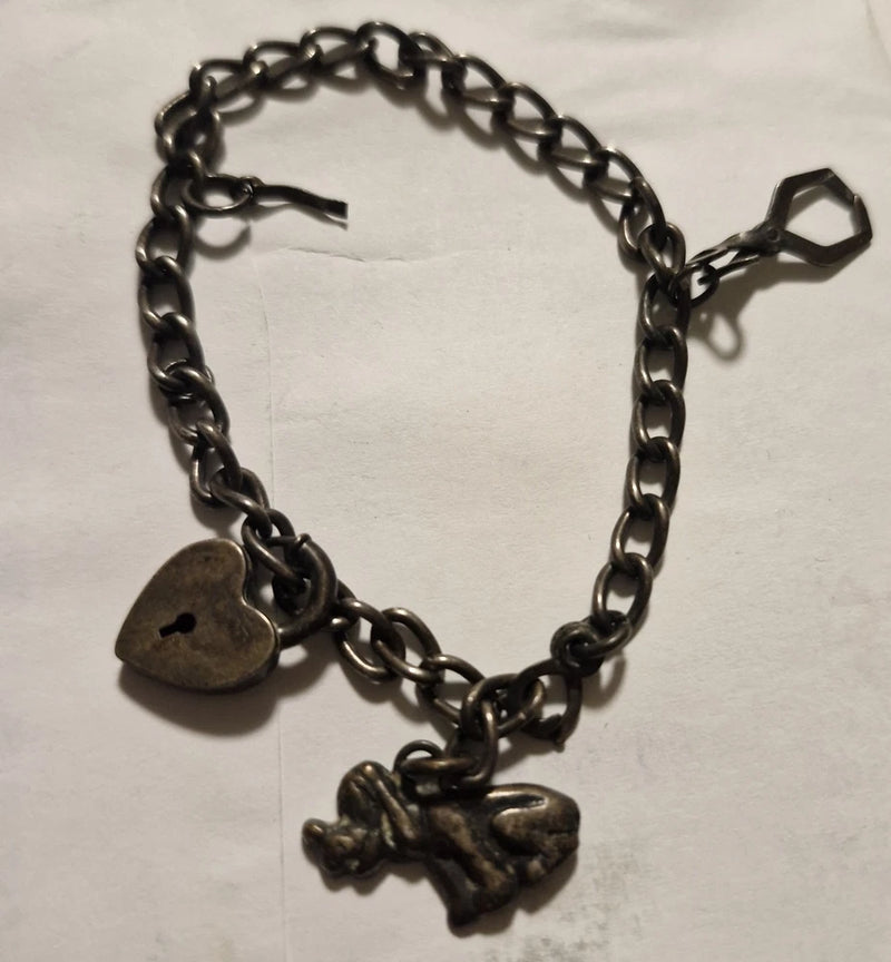 Sterling Silver Puffy Heart Lock Charm Bracelet No Reserve Charms