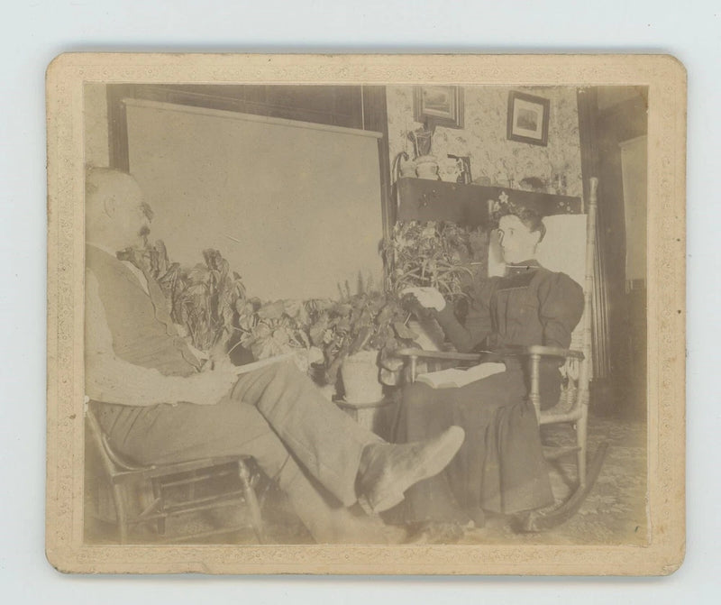 Vintage Photo On Board Couple In Rocking Chairs Trad Home Life Plants 1900s Model