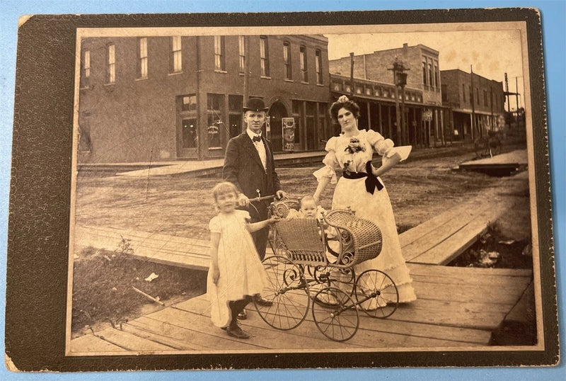Very Rare Cabinet Card Photo Candid Family With Pram Walking On Boards Model