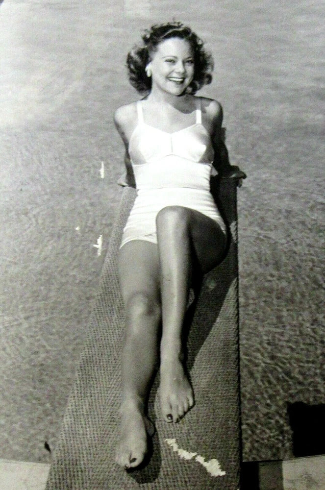 circa 1940 SONJA HENIE 4x5 b&w photo her in bathing suit lying on diving board Model