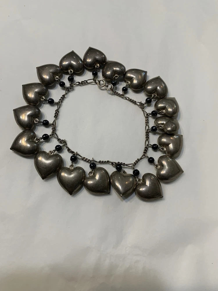 Vtg 80s Sterling Silver 3/4¡±d Puffy Heart Charm Bracelet 8¡±L 46g 18 Charms Charms