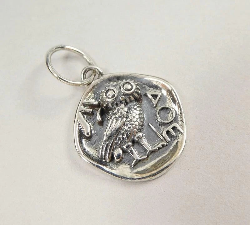 Sterling Silver Ancient Athena Owl Coin Organic Round Small Charm Pendant Unique Charms