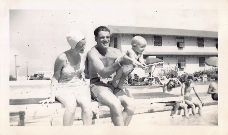 Vintage 1943 Man Woman Baby Sitting Diving Board 1940s Photo Happy Family Cute Model