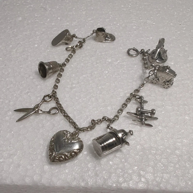 Vintage Sterling Silver Movable charm Bracelet heart thimble scissors airplane Charms