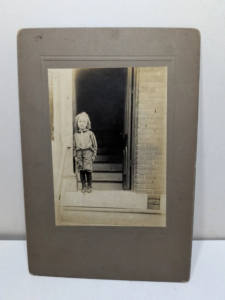?ANTIQUE? Victorian Board Mounted Vintage Photograph - Child Standing In Doorway Model