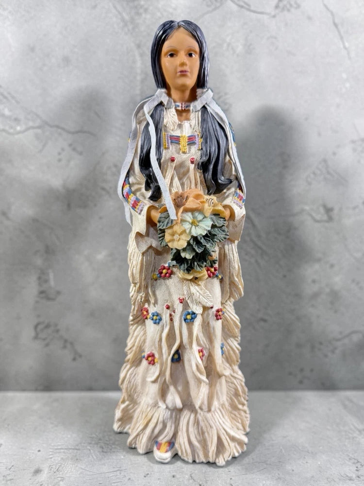 Vintage Native American Maiden Figurine Woman Beaded Fringe Bouquet 11¡± Tall Model