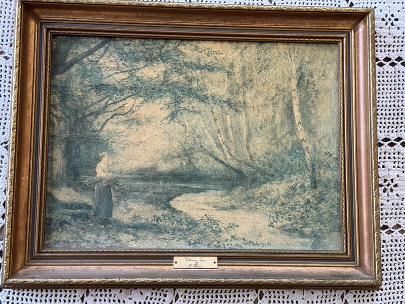 Vintage Picture Print On Board Gathering Twigs F Hines Ornate Frame 20" x 15.5" Model