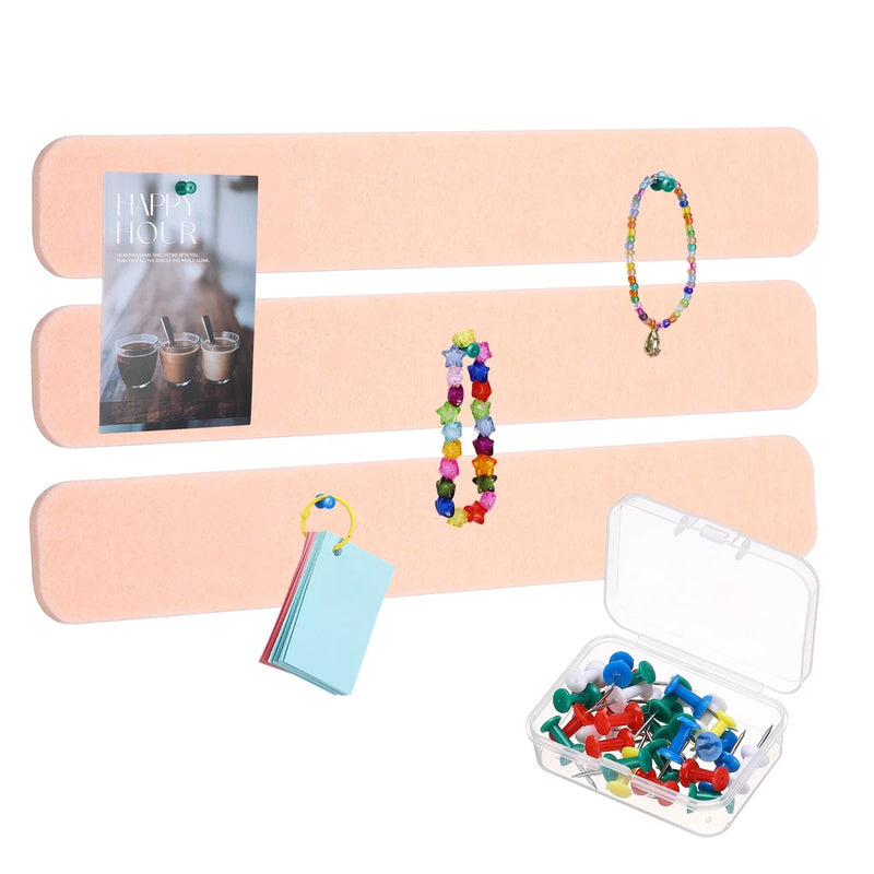 3Pcs Self-Adhesive Felt Bulletin Board Bar Strip with Push Pins, Beige Model