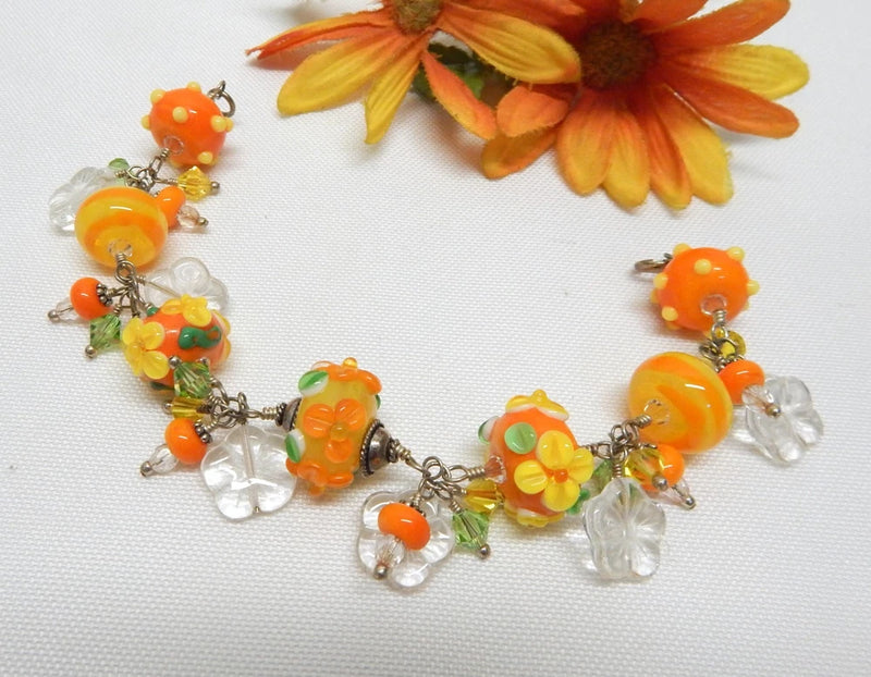 925 Sterling Silver, Floral Lampwork Art Glass Bead & Charm Bracelet Charms