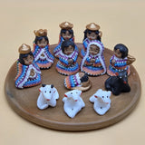 Guatemalan Miniature Nativity Pottery Clay Figurines, Set of 12 & Display Plate Model
