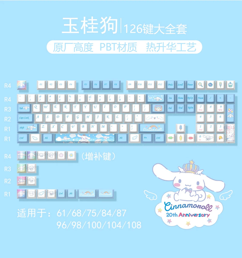 Cinnamoroll*PBT Keycap Computer Mechanical Keyboard Button 126 Keys Anime Keycap Model