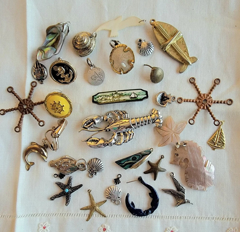Vintage Nautical Sea Charm Jewelry Lot Lobster Shell Fish Starfish Craft Repair Charms