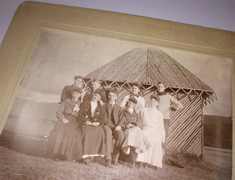 Antique Late Victorian Fashion Group, Odd Wood Hut Cabinet Photo On Board! Old! Model