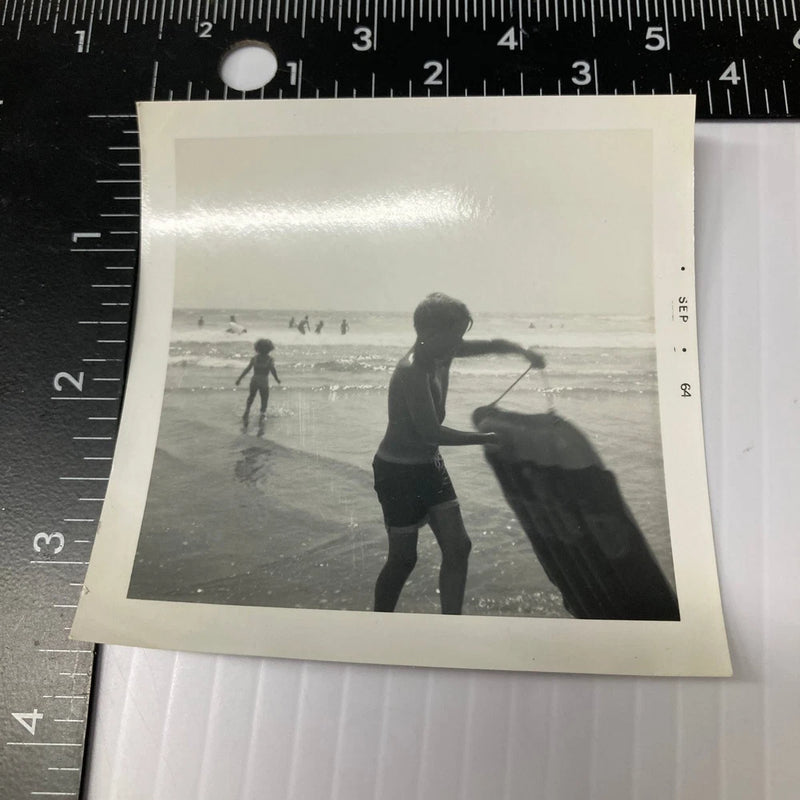 Boy Beach Boogie Board 1960s Snapshot Photograph Americana Vacation Model