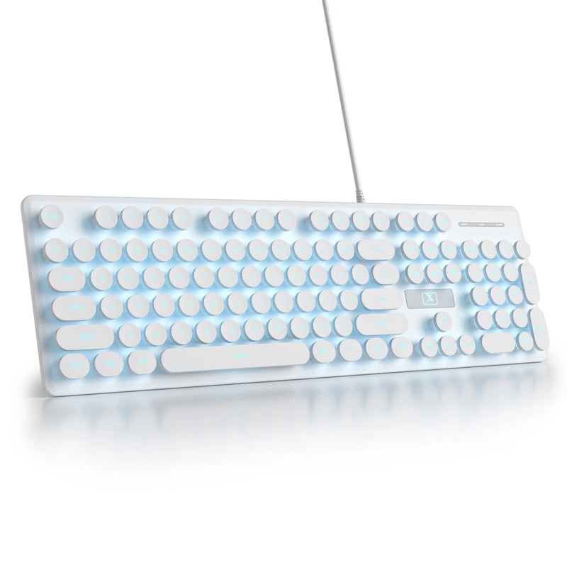 Wired Retro Typewriter Keyboard Quiet 104 Round Keys Blue LED Backlit White Model