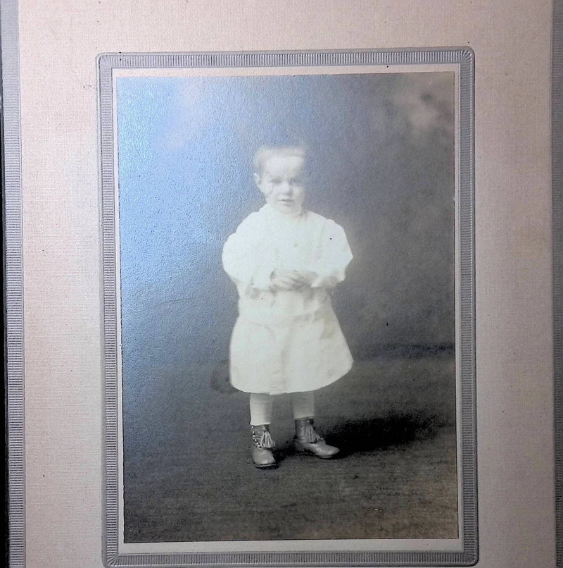 Antique Board photograph Little Child in White Garment Standing in Old Frame Model
