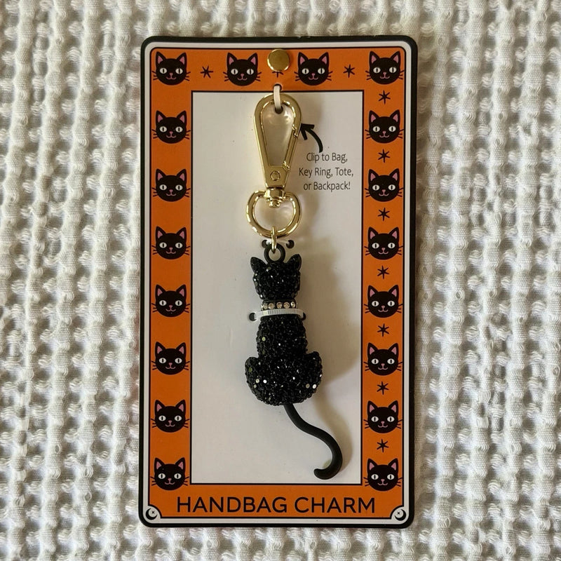 Halloween Black Cat Glass Crystal Bag Charm Purse Backpack Key Ring Moving Tail Charms