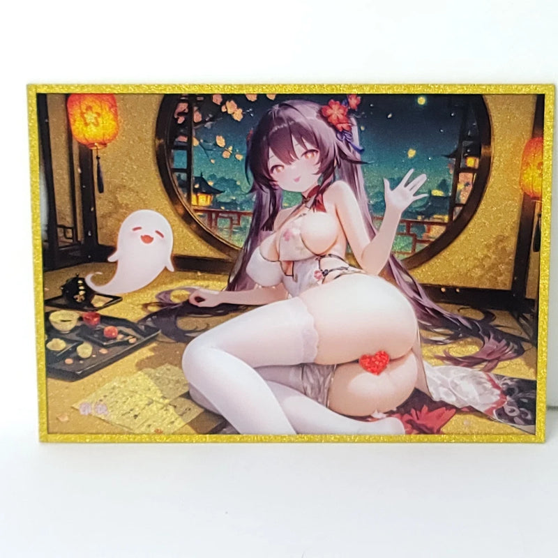 Hu Tao Gold Glitter Waifu Card Anime Girl Wall Art Oversized Board A5 Model