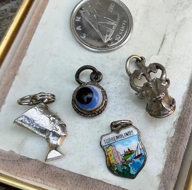 Vintage 835 Silver Charms MINOTAUR EVIL EYE NEFERTITI TORREMOLINOS Lot Charms