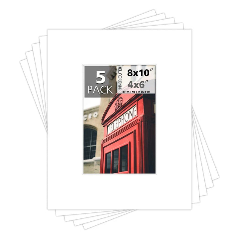 5 Pack 8x10 White Picture Mat Boards White Core Acid-Free Bevel Cut Picture Model