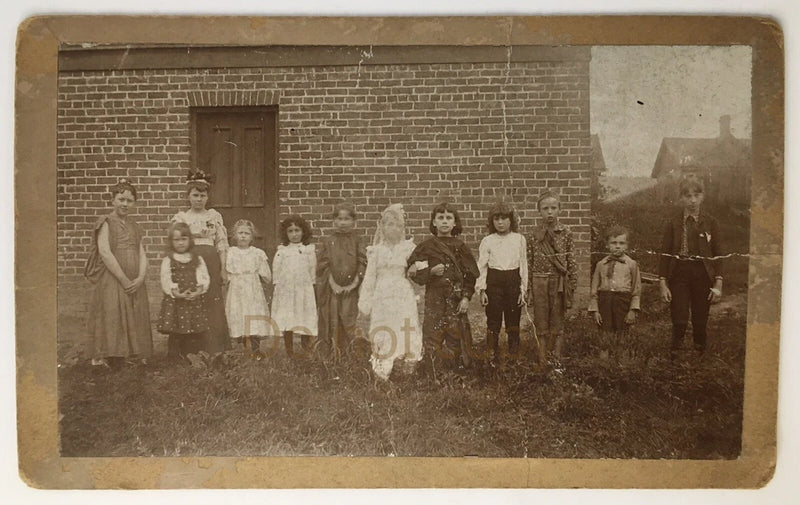 Antique Photo on Board of Children in front of Building Some in Costumes 8"x5" Model