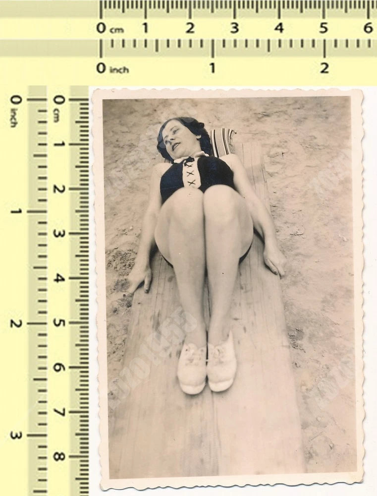 Vintage Swimsuit Woman Reclining on Board Snapshot Photo Model