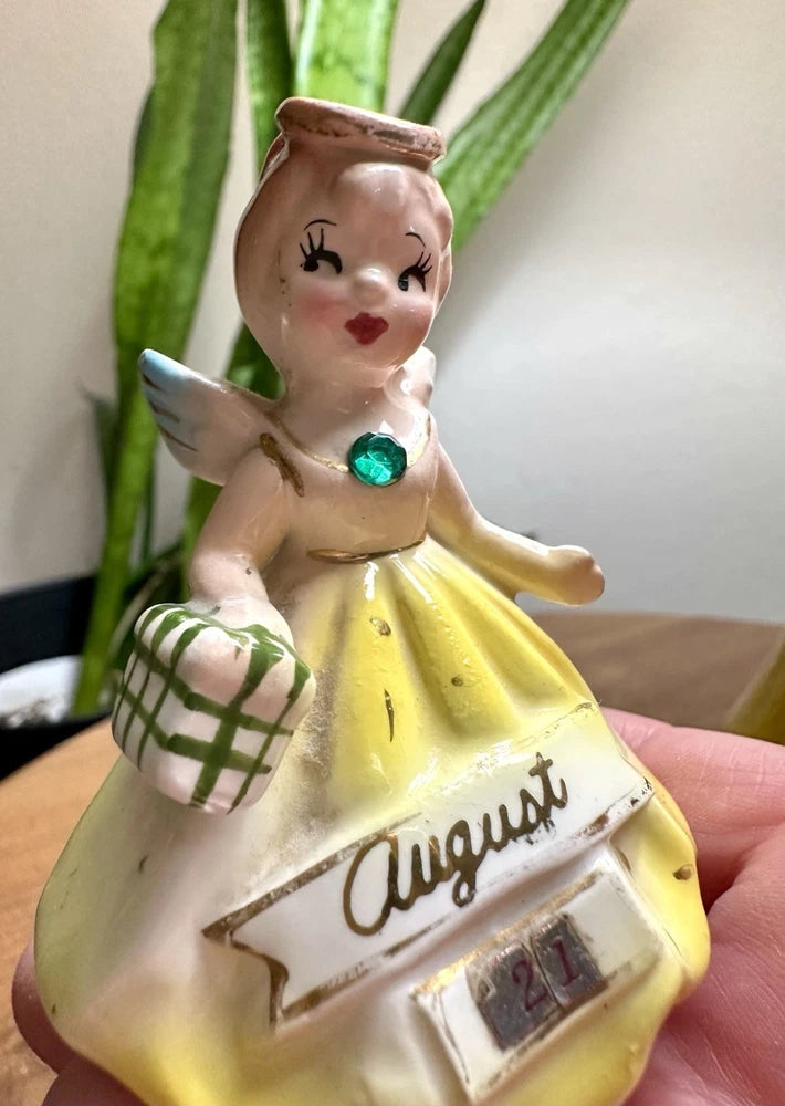 Vintage Enesco August Birthday Angel Figurine Japan E-2827 Calendar Girl Yellow Model