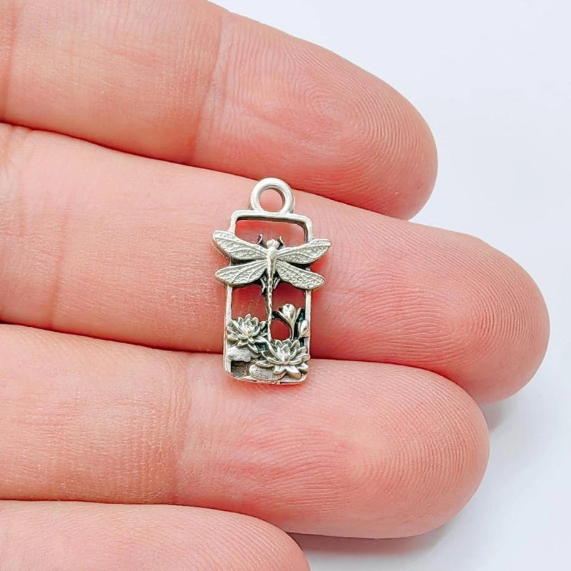 5 Dragonfly Lotus Charms Nature Antique Silver Plated Pendant 20x11mm G38161 Charms