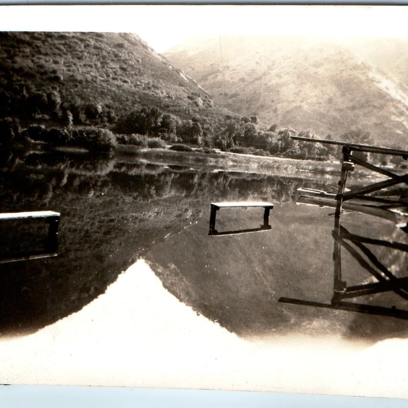 c1920s Blue Lake, CA Resort Diving Board Beach Reflection Mountain Photo 5" Vtg Model
