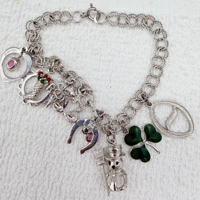 Vintage Sterling Silver Charm Bracelet 19g 8 Charms Stones Clover Horseshoe Hear Charms