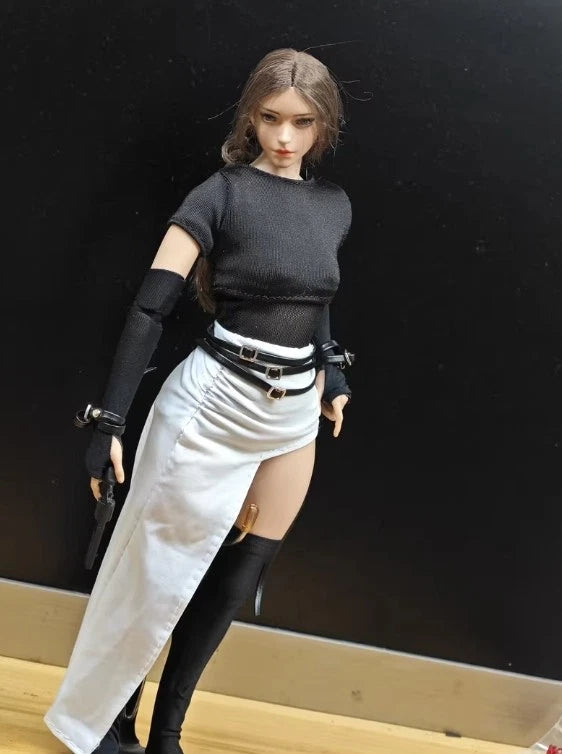 1/6 Female Black Short Sleeve Top+White High Slit Skirt Model For 12'' Figures Model