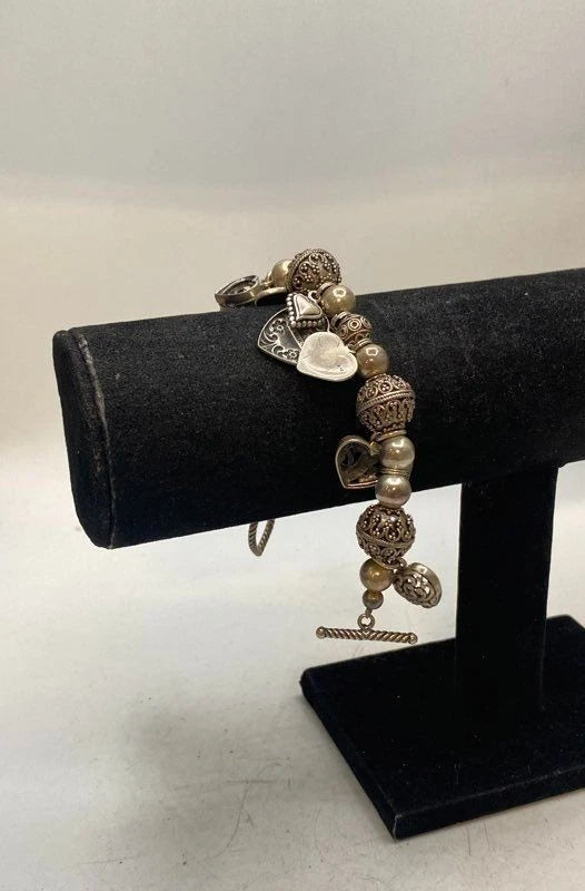 Sterling Silver 925 Heart Charm Bracelet 13 Charms Beaded Toggle Clasp 8" 53.8g Charms