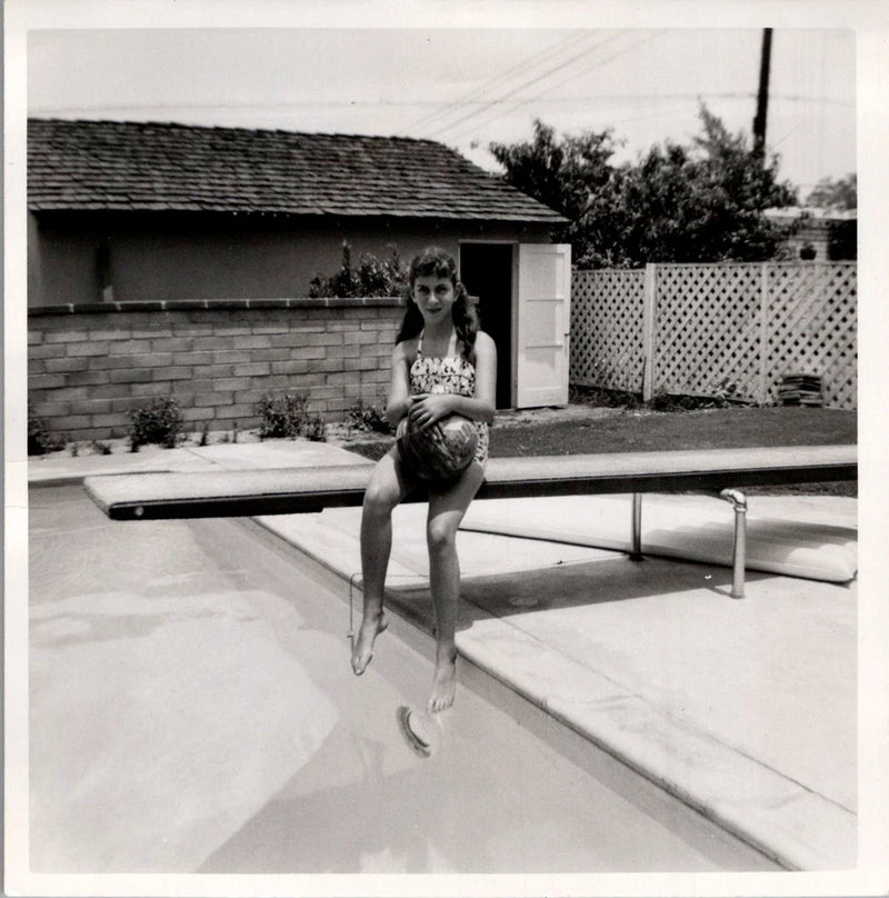 Barefoot Woman on Diving Board 1950s Backyard Pool Photograph Suburban Model