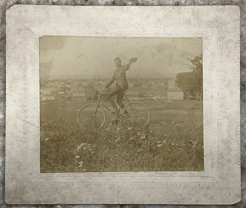 Young Man Boy Riding Bicycle and Waiving for Photo Antique Photograph on Board Model