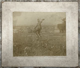 Young Man Boy Riding Bicycle and Waiving for Photo Antique Photograph on Board Model