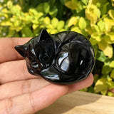 Natural Black Obsidian Sleeping Cat Carved Crystal Figurine Healing Gemstone Gif Model