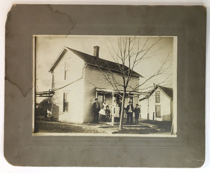 Antique Photo on Board of Family Standing in Front of Their House Home Pre 1920 Model