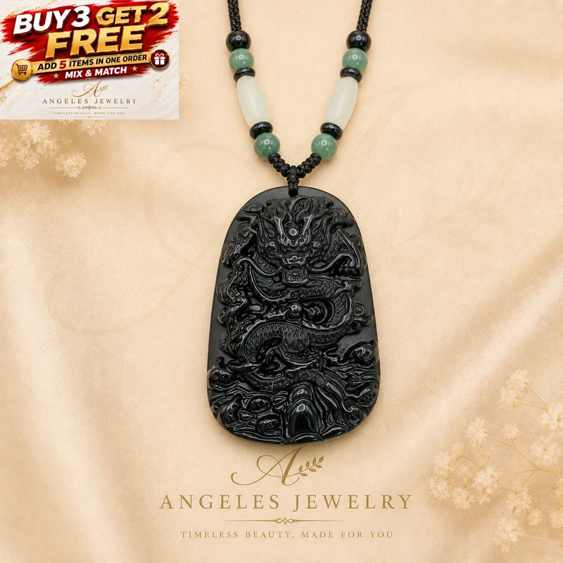 Black Obsidian Jade Power Dragon Pendant Necklace Beaded Cord Handmade Amulet Charms
