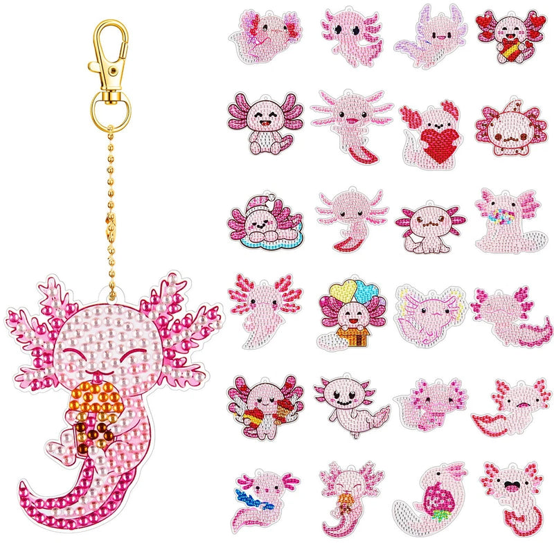 Henoyso 24 Pcs Axolotl Diamond Keychains Set 5D DIY Art Keychains Ornaments Model