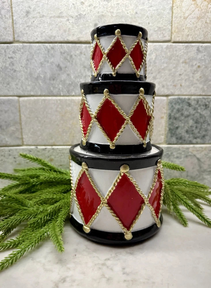 Christmas Toyland Tabletop Harlequin Drum Stack Red White Black Gold 9¡± Tall Model