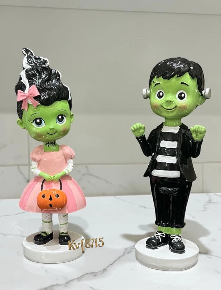 Frankenstein Bride And Monster Halloween Statue Set Summerween Pink Pastel Decor Model