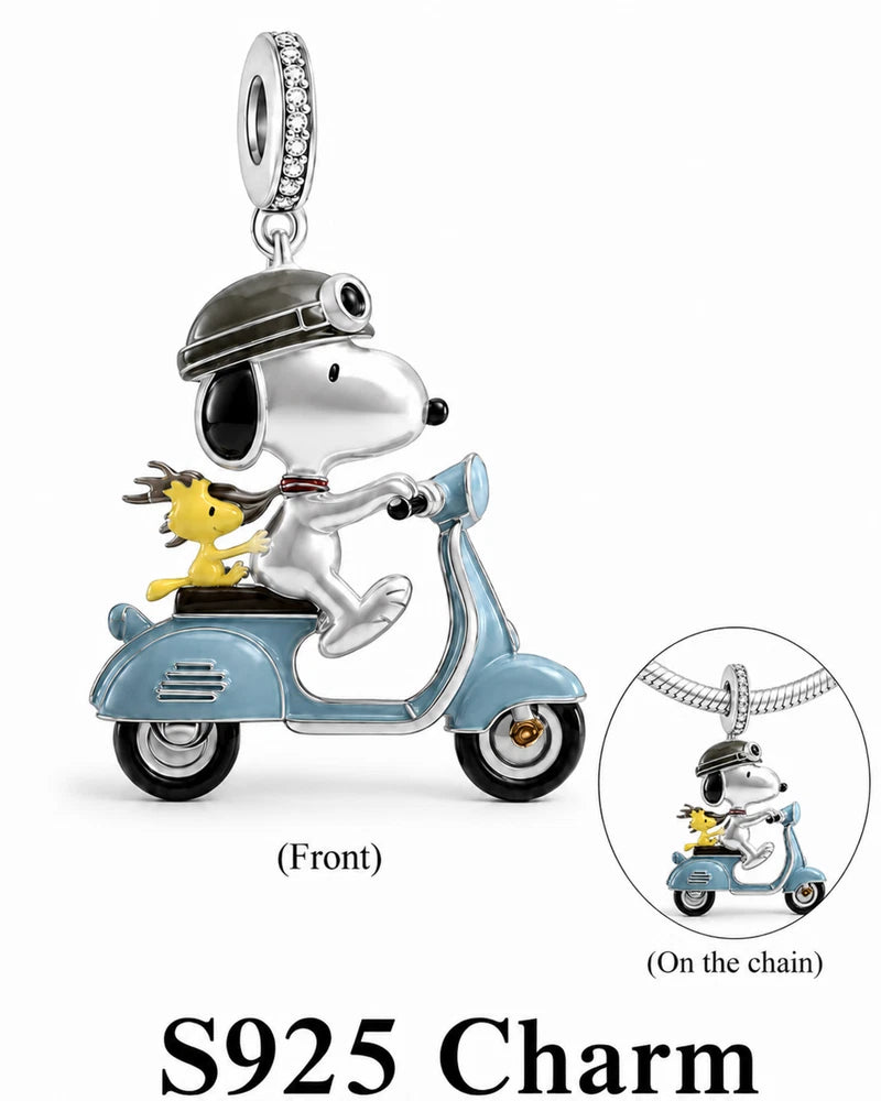 S925 Sterling Silver Snoopys Dog Riding Scooter Pendant Charm Necklace simulated Charms