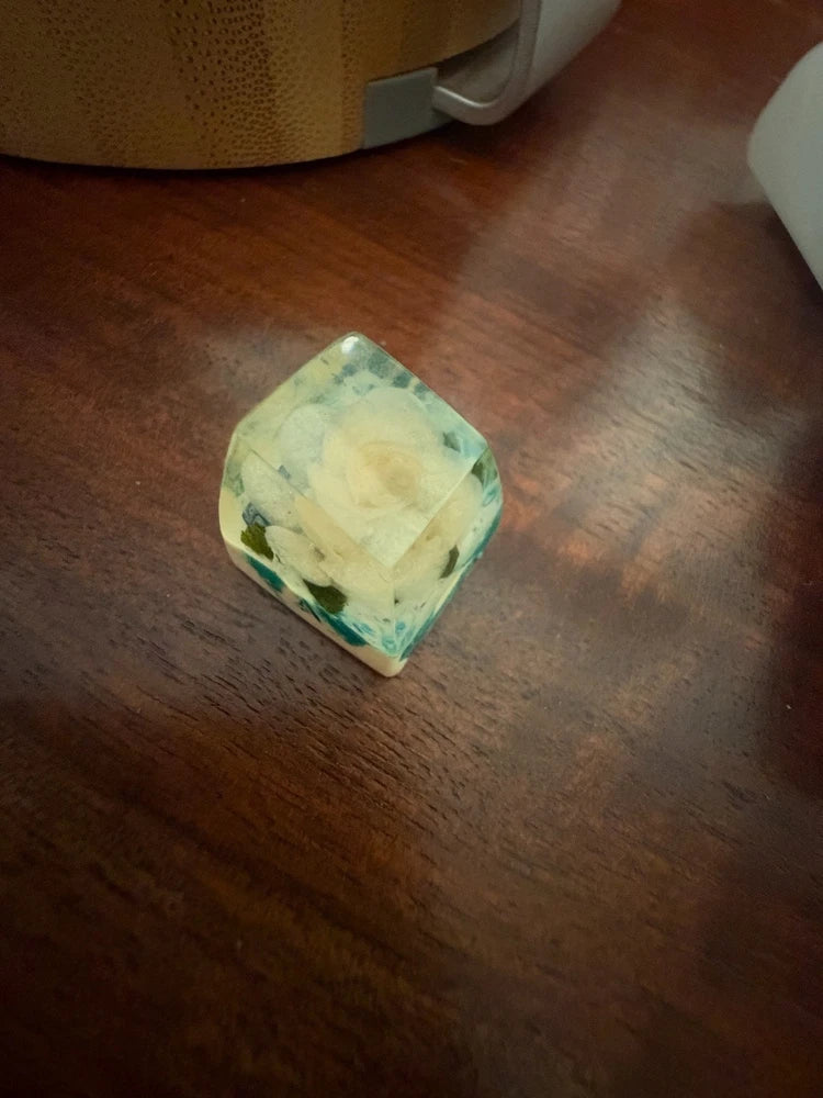 Handmade Resin Artisan Keycap - White Rose Green Floral - Cherry MX Model