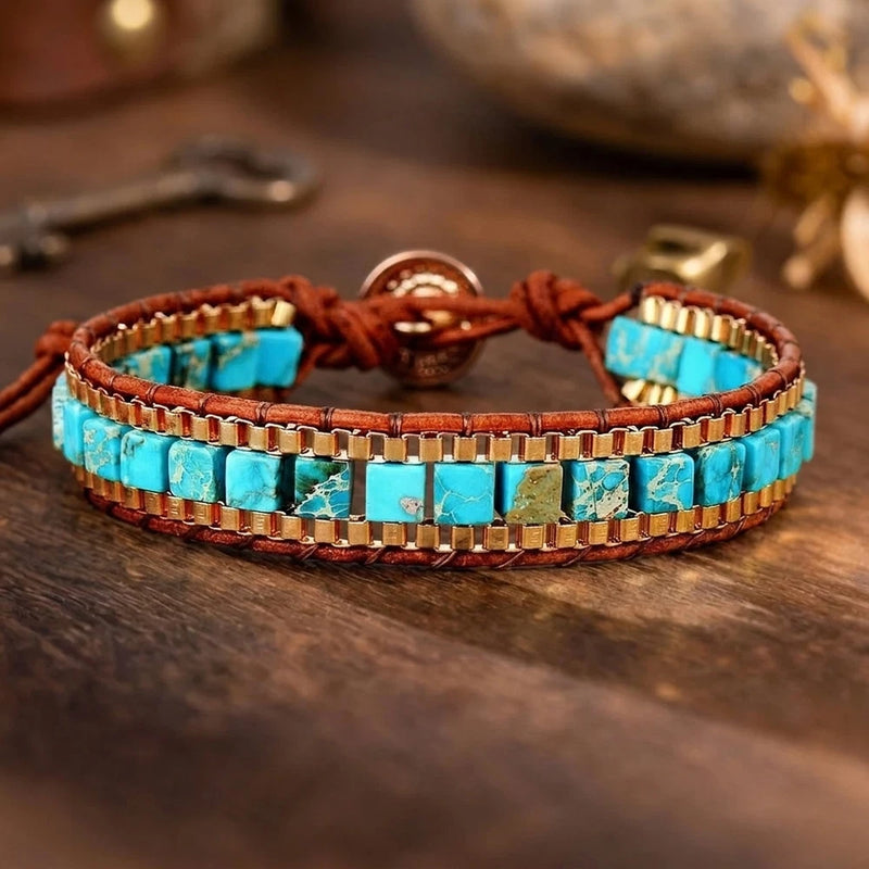 Natural Turquoise Leather Bracelet For Men Women Braided Boho Gemstone Jewelry Charms
