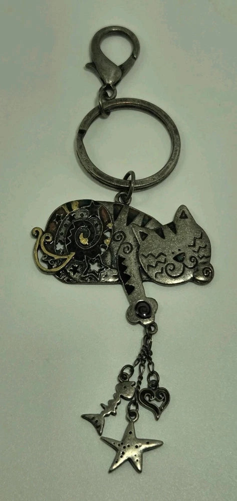 Vintage? Antiqued Silver Cat W/Dangle Charms Keychain Star Fish Bone Heart Boho Charms