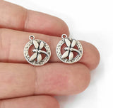 4 Hammered Dragonfly Charms Round Dangle Antique Silver Plated G23846 Charms