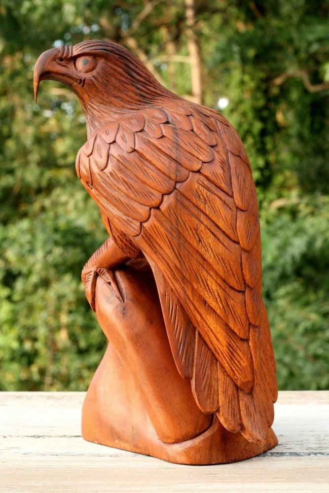 12" Large Wooden Eagle Statue Hand Carved Sculpture Figurine Art Home Decor Gift Model